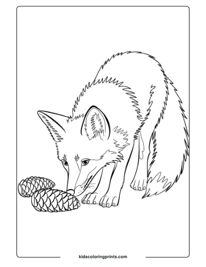 Fox Coloring Page Of A Fox Sniffing Pine Cones On The Ground, With Detailed Fur, Showcasing A Curious Woodland Scene.