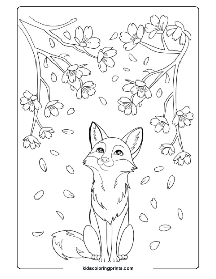 Fox Coloring Page Of A Fox Under Cherry Blossoms, Creating A Soft, Spring-Like Scene Ideal For Gentle Coloring.