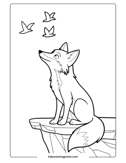 Fox Coloring Page Showing A Fox Observing Birds From A Rock Ledge, Perfect For An Outdoor-Inspired Coloring Experience.