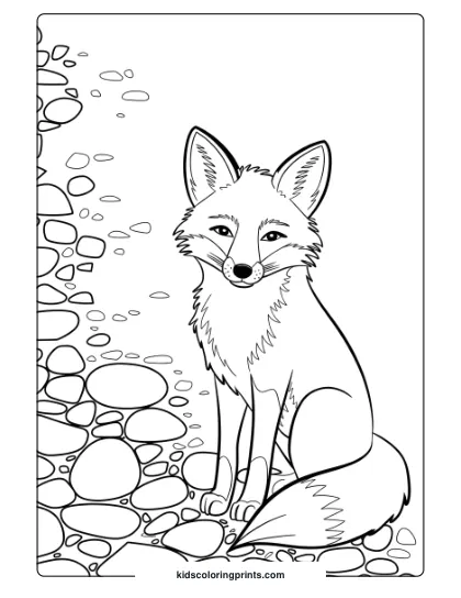 Fox Coloring Page Of A Fox Sitting Among Stones, Creating A Peaceful, Nature-Focused Scene Ideal For Detail Coloring.
