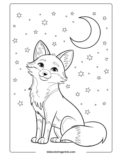 Fox Coloring Page Featuring A Fox With Stars And Moonlight Above, Creating A Serene, Nighttime Coloring Scene.