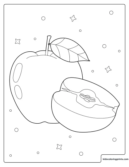 Apple Coloring Page With A Whole Apple And A Sliced Half Surrounded By Stars.