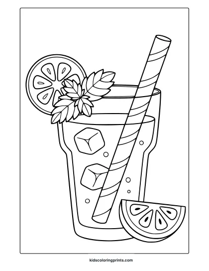 Fresh Lemonade Coloring Page With A Tall Glass, Lemon Slices, And Mint Garnish Details.