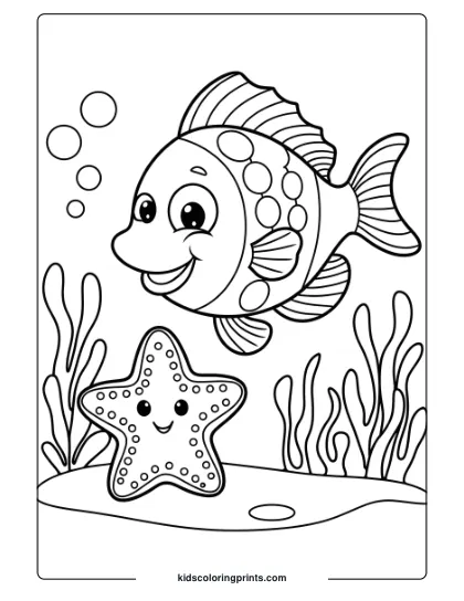 A Cheerful Fish And A Friendly Starfish In A Peaceful Underwater Setting Provide A Simple Yet Inviting Coloring Page.