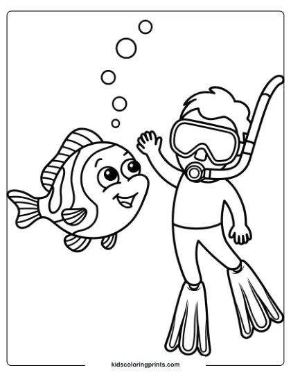 A Friendly Fish And Diver Meet Underwater, Surrounded By Bubbles, Creating An Inviting Coloring Page Of Exploration.
