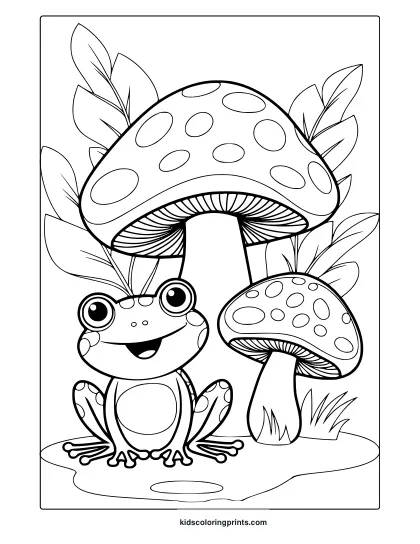 Smiling Frog Beside A Tall Spotted Mushroom In Nature, Captured In This Delightful Coloring Page.