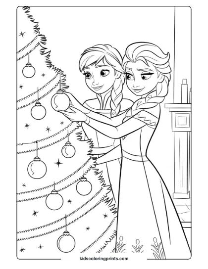 Anna And Elsa Decorating A Christmas Tree In This Coloring Page, Capturing A Joyful Holiday Moment In The Frozen Universe.