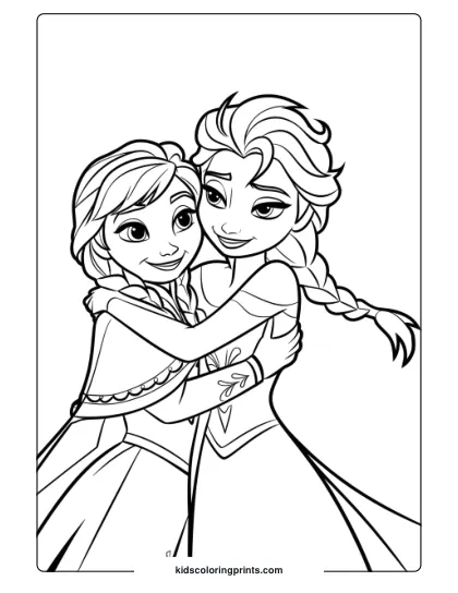 Anna And Elsa Hugging After A Snowy Adventure In This Coloring Page, Highlighting Their Strong Sisterly Bond In A Winter Setting.