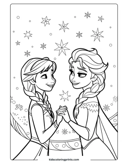 Anna And Elsa Sharing A Magical Moment Under The Stars In This Coloring Page, Capturing Their Sisterly Bond And Wonder.