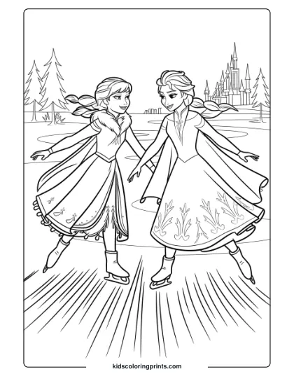 Elsa And Anna Skating Together On A Frozen Lake In This Coloring Page, Featuring A Scenic Castle Backdrop And Winter Landscape.