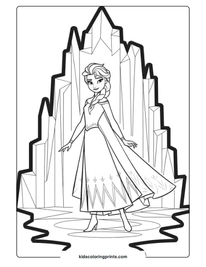 Elsa Standing In Her Ice Castle In This Printable Coloring Page, Showcasing Her Majestic And Icy Surroundings.