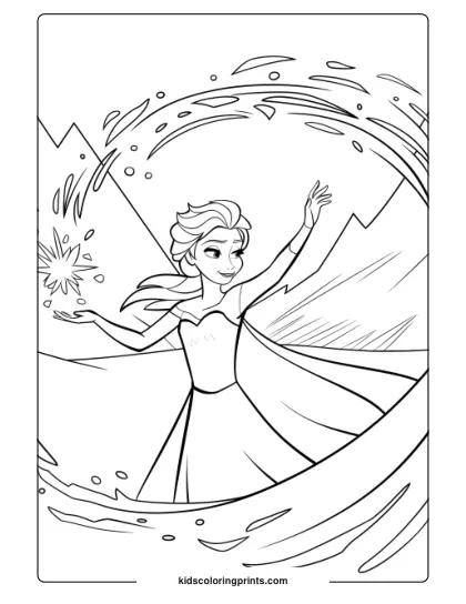 Elsa Using Her Ice Powers In The Snowy Mountains In This Coloring Page, Capturing A Magical Moment In The Frozen Universe.