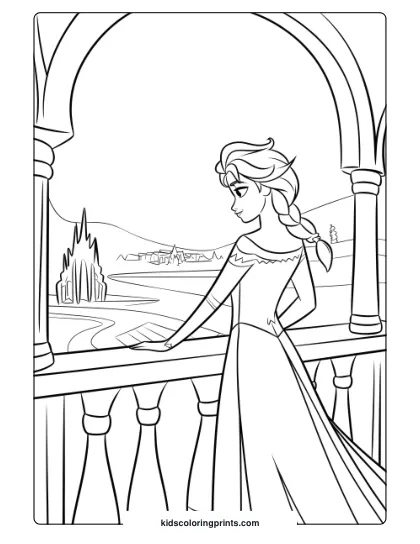 Elsa Watching Over Arendelle From Her Ice Palace In This Coloring Page, Highlighting Her Protective And Regal Stance.