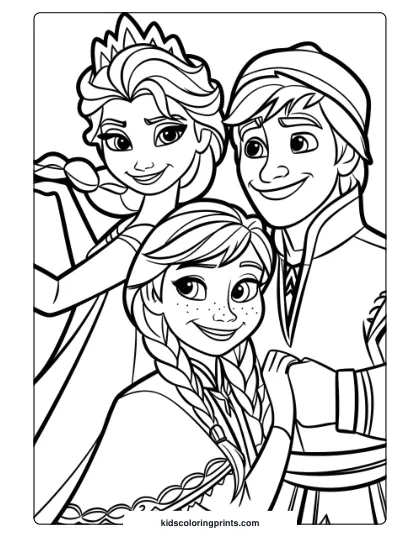Elsa, Anna, And Kristoff Smiling Together In This Coloring Page, Showcasing Their Friendship And Bond.