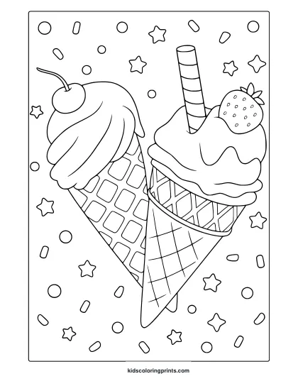 Heart-Shaped Ice Cream Coloring Page With Fruit Toppings And Star Decorations.