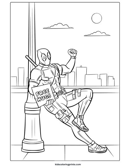 Funny Deadpool Coloring Page Featuring The Superhero With A &Quot;Free Hugs&Quot; Sign And A Cityscape Background, Great For Fun Coloring.