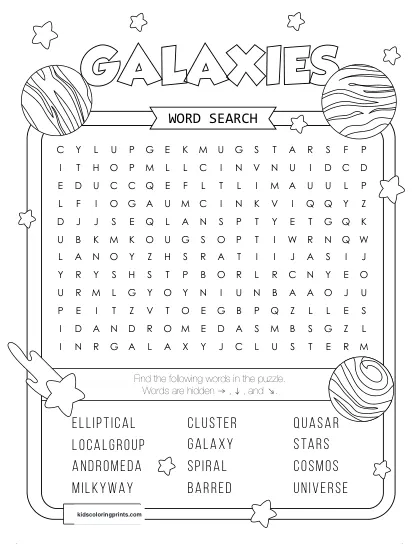 Free Printable Galaxies Word Search Puzzle With 12 Words From Galaxy To Universe.