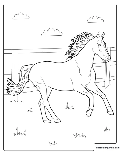 Horse Coloring Page With A Strong Horse Running Freely In A Fenced Field.