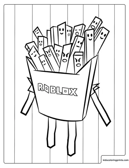 Gang O' Fries Coloring Page Featuring A Fries Box Labeled Roblox Filled With Fries That Have Different Faces.