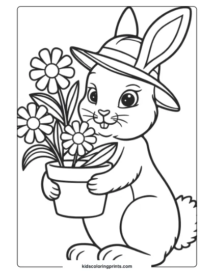 Coloring Page Of A Gardener Bunny With A Pot Of Flowers, Perfect For Garden And Spring-Themed Coloring.