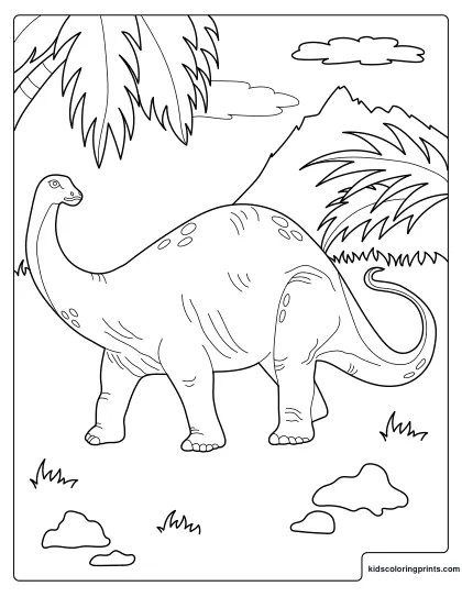 Dinosaur Coloring Page Showing A Long Neck Dinosaur Walking Near Mountains And Trees.