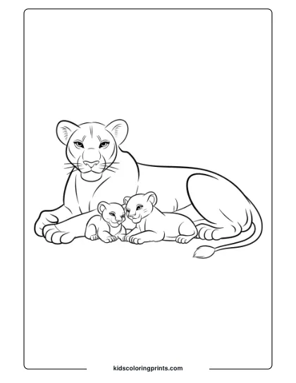 A Lioness With Two Cubs, Creating A Heartwarming Scene For Children To Color In This Lion Family Coloring Page.