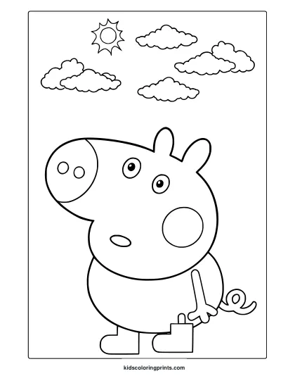 George Pig Coloring Page With Sun, Clouds, Boots And Simple Child-Friendly Style.