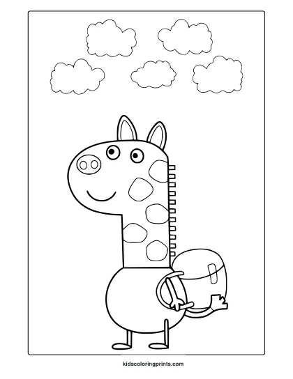 Gerald The Giraffe Coloring Page With Long Neck, Spots, And Clouds Above.