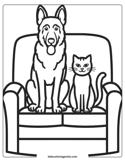 German Shepherd And Cat Sitting Together On A Couch In A Relaxing Scene In A Dog Coloring Page.