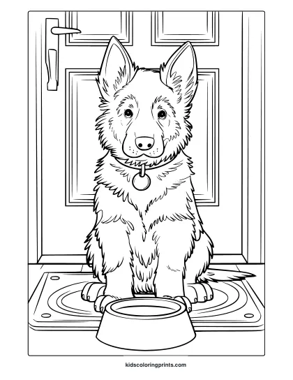 A German Shepherd Puppy In Front Of A Door. A Loyal And Fun German Shepherd Puppy Coloring Page.