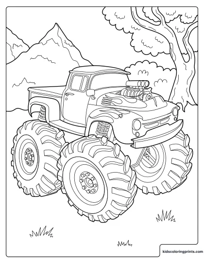 Monster Truck Coloring Page Showing A Big Truck With Huge Tires Near The Mountains.