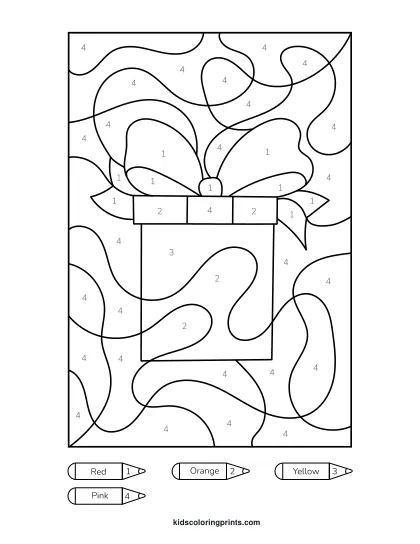 Gift Box Color By Number Coloring Page With A Square Present, Diagonal Stripes, And A Big Ribbon Bow.