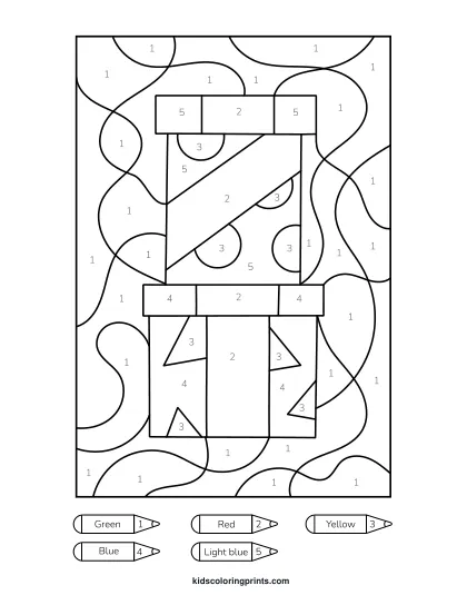 Gift Box Color By Number Coloring Page With A Tall Present, Vertical Stripes, And A Bow Tied On Top.