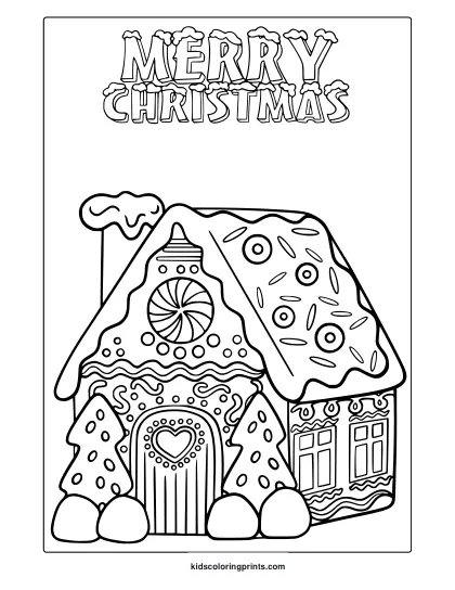 Gingerbread House Coloring Page With Ornaments, Chimney, And Merry Christmas Text.