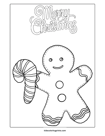 Gingerbread Man Coloring Page With Merry Christmas Text And Striped Candy Cane.