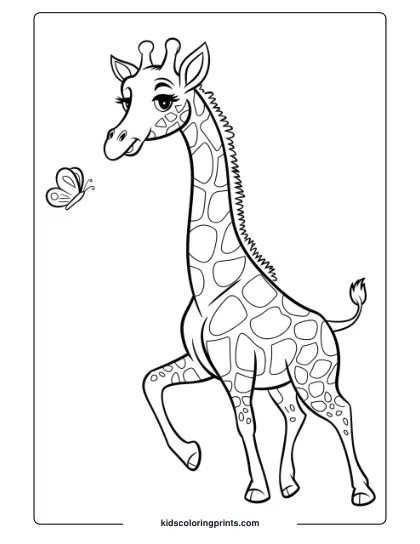 Giraffe And Butterfly Together In A Light-Hearted Coloring Page, Perfect For Kids Who Love Gentle Nature Scenes.