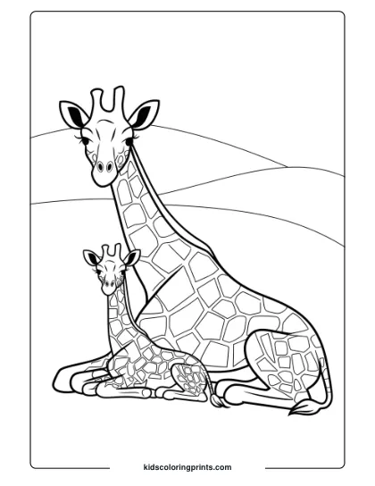 Relaxed Giraffe Family On A Hill In A Tender Coloring Page, Perfect For Family-Themed Coloring Activities.