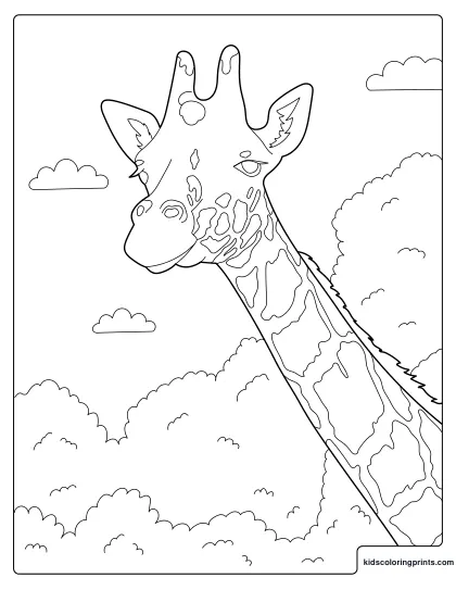 Giraffe Coloring Page Showing A Tall Giraffe With Patterned Skin Among Trees And Clouds.