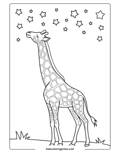 Giraffe Under The Stars In A Serene Coloring Page, Perfect For Quiet And Reflective Moments.