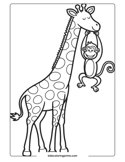 Giraffe And Monkey Playing In A Lively Coloring Page, Ideal For Kids Who Love Animated Animal Interactions.