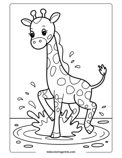 Giraffe Splashing In Water In A Fun Coloring Page, Perfect For Lively And Energetic Scenes.