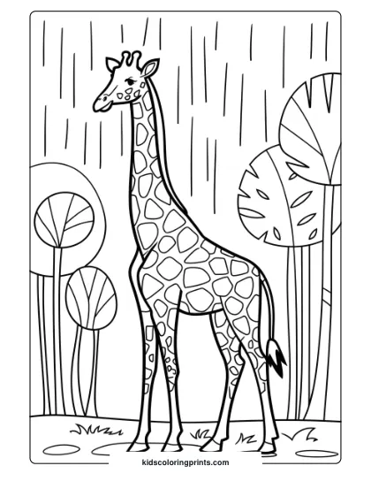 Giraffe In A Rainy Forest In A Refreshing Coloring Page, Ideal For Rainy Day Fun.