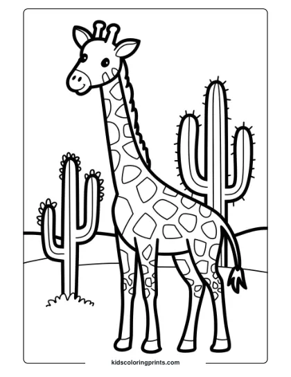 Giraffe In A Desert Scene With Cacti, Great For Kids Who Enjoy Unique Wildlife Coloring Pages.