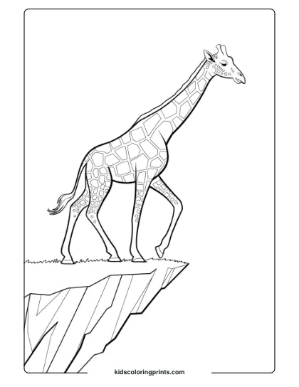 Giraffe On A Cliff Edge In A Thrilling Coloring Page, Great For Adventurous Children.