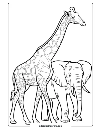 Giraffe And Elephant Walking Side By Side In A Friendly Coloring Page For Young Animal Enthusiasts.