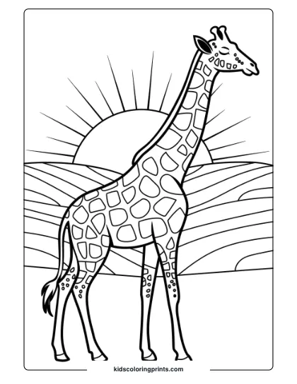 Giraffe At Sunrise In A Stunning Coloring Page, Great For Those Who Enjoy Scenic Views.