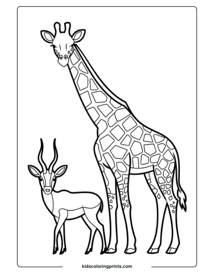Giraffe And Antelope Together In A Peaceful Coloring Page, Ideal For Animal Lovers.