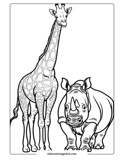 Giraffe And Rhino Together In A Detailed Coloring Page, Perfect For Animal Enthusiasts.