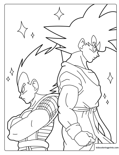 Goku And Vegeta Friendship Moment Coloring Page With Both Characters Standing Back To Back