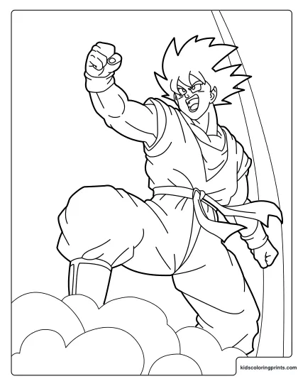 Goku Riding The Flying Nimbus Cloud Coloring Page With One Fist Raised